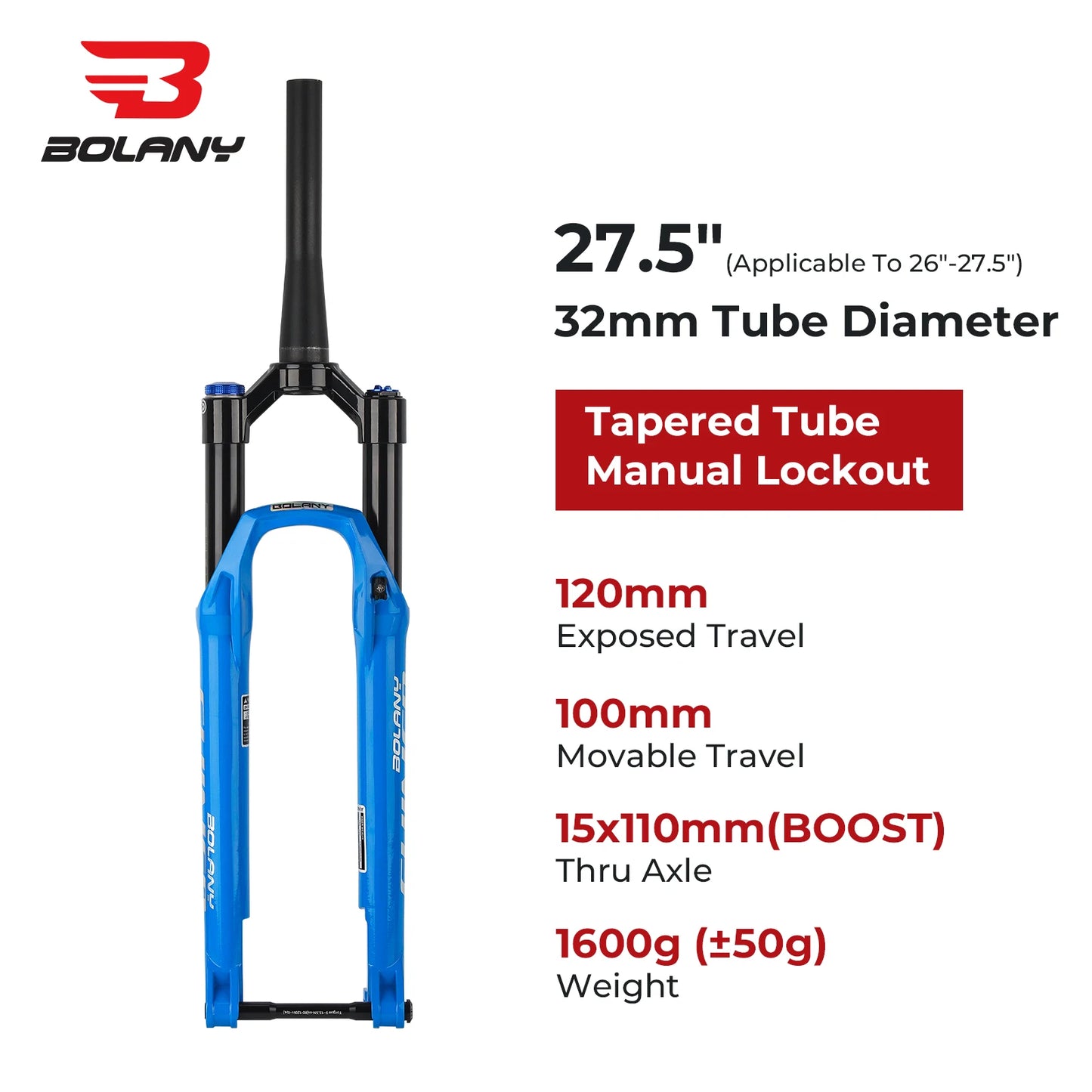 BOLANY MTB Air Fork 26/27.5/29 Inch Tapered Suspension Fork Rebound Adjustable 15x110mm Boost MTB Air Fork Thru Axle Disc Brake