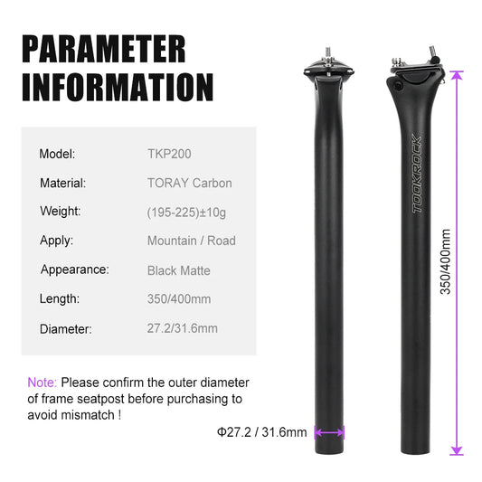 TOSEEK Carbon Seatpost 27.2 31.6mm Length 400mm Matte Black MTB Road Bike Seat Post Seat Tube Bicycle Parts MTB Carbon Canoe