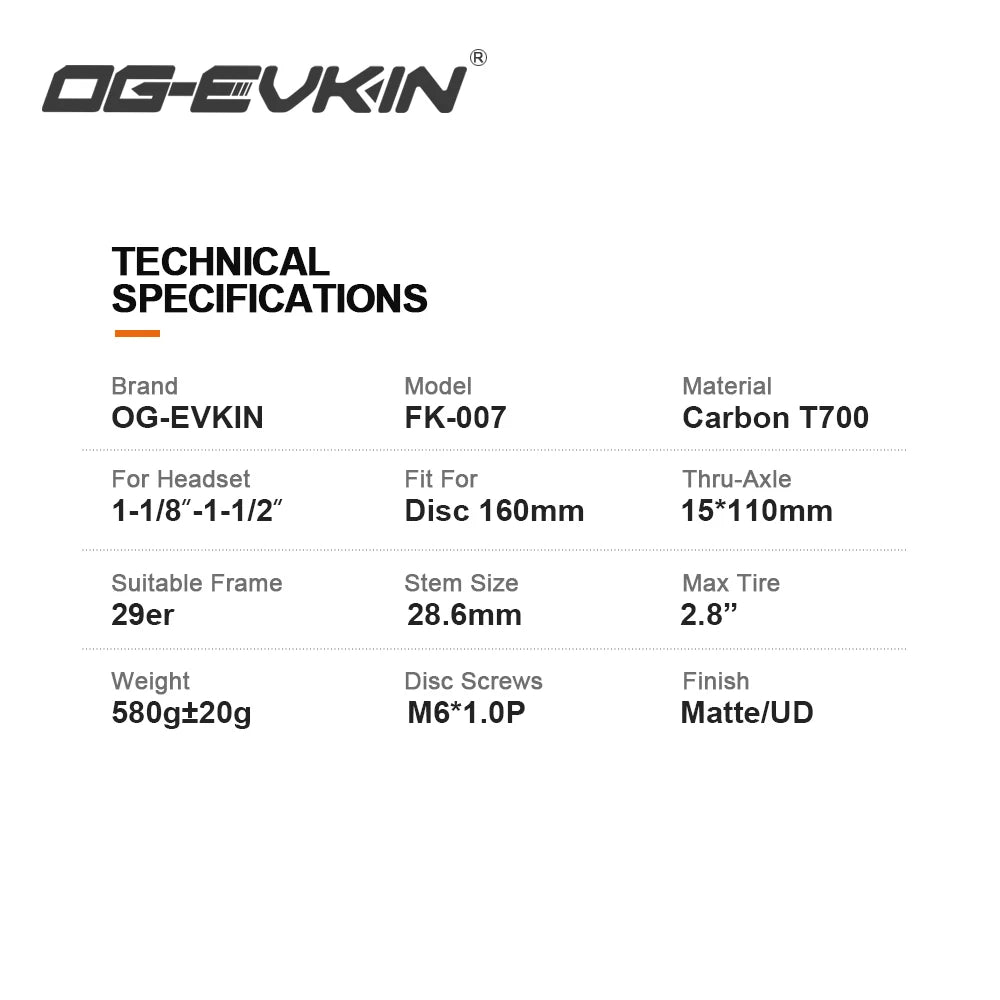OG-EVKIN FK-007 29er 15x110mm Thru Axle Black Carbon Mountain Bicycle Fork 1-1/8-1-1/2" MTB Forks Bike Parts Bicycle accessories