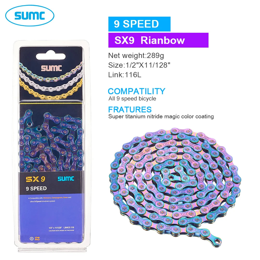 SUMC Bicycle Chain 9 10 11 12 Speed 9s 10s 11s 12s Titanium Ultralight MTB Mountain Road Bike Chains Gold Rainbow Bike Chain