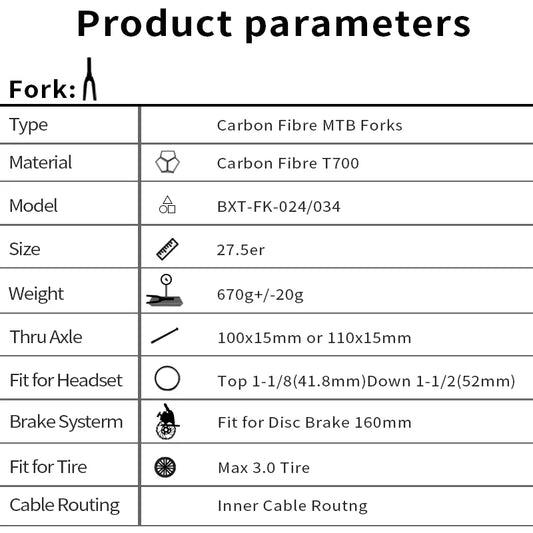 BXT Full Carbon Mountain Bike Fork, Thru Axle, MTB Bicycle, Inside Outside Cable Line, 110x15mm, 100x15mm