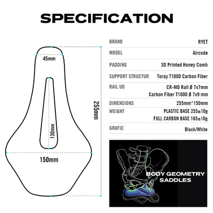 RYET 3D Printed Bicycle Saddle Carbon Fiber Ultralight Hollow Comfortable Breathable MTB Mountain Road bike Cycling Seat
