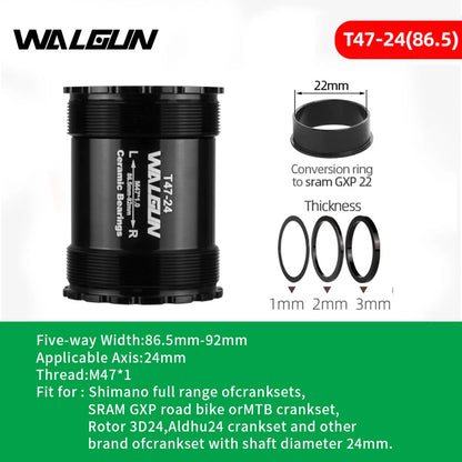 WALGUN T47 Bike Bottom Bracket Ceramic Bearing 86 86.5 92 Inboard Threaded BB for 24/22mm Road MTB Mountain Bicycle Crankset
