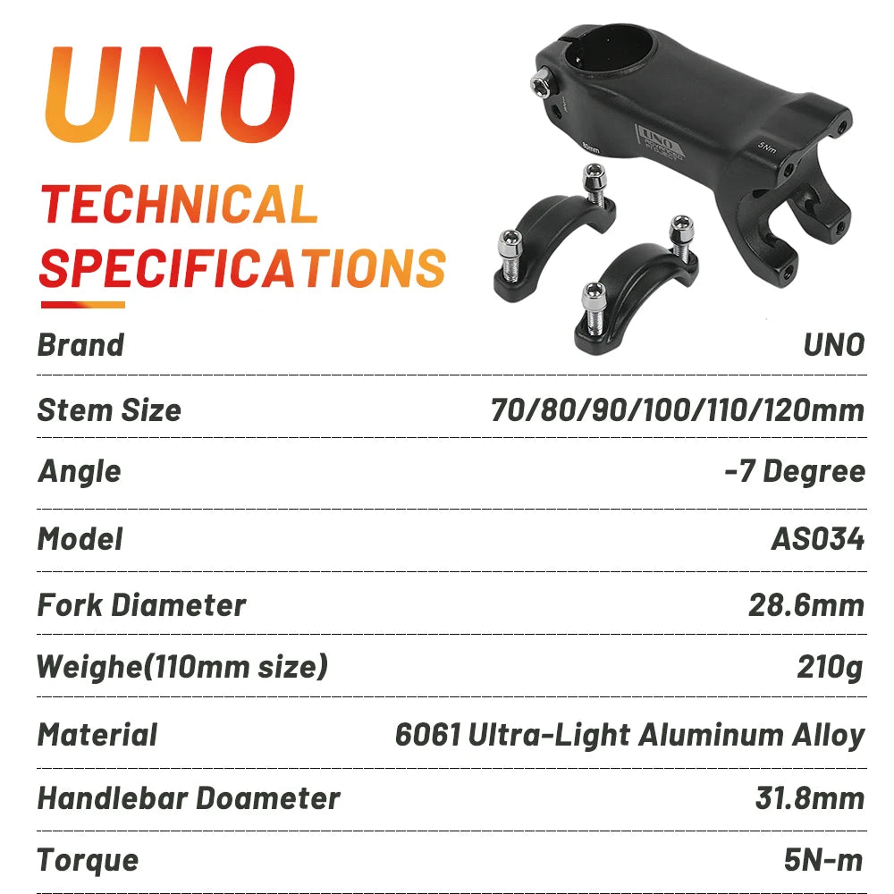 UNO Bike Stem Ultralight Road Bike Stem Fork-7 Degree 28.6mm 31.8mm 70/80/90/100/110/120mm Mountain MTB Bicycle Kalloy