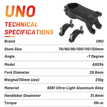 UNO Bike Stem Ultralight Road Bike Stem Fork-7 Degree 28.6mm 31.8mm 70/80/90/100/110/120mm Mountain MTB Bicycle Kalloy
