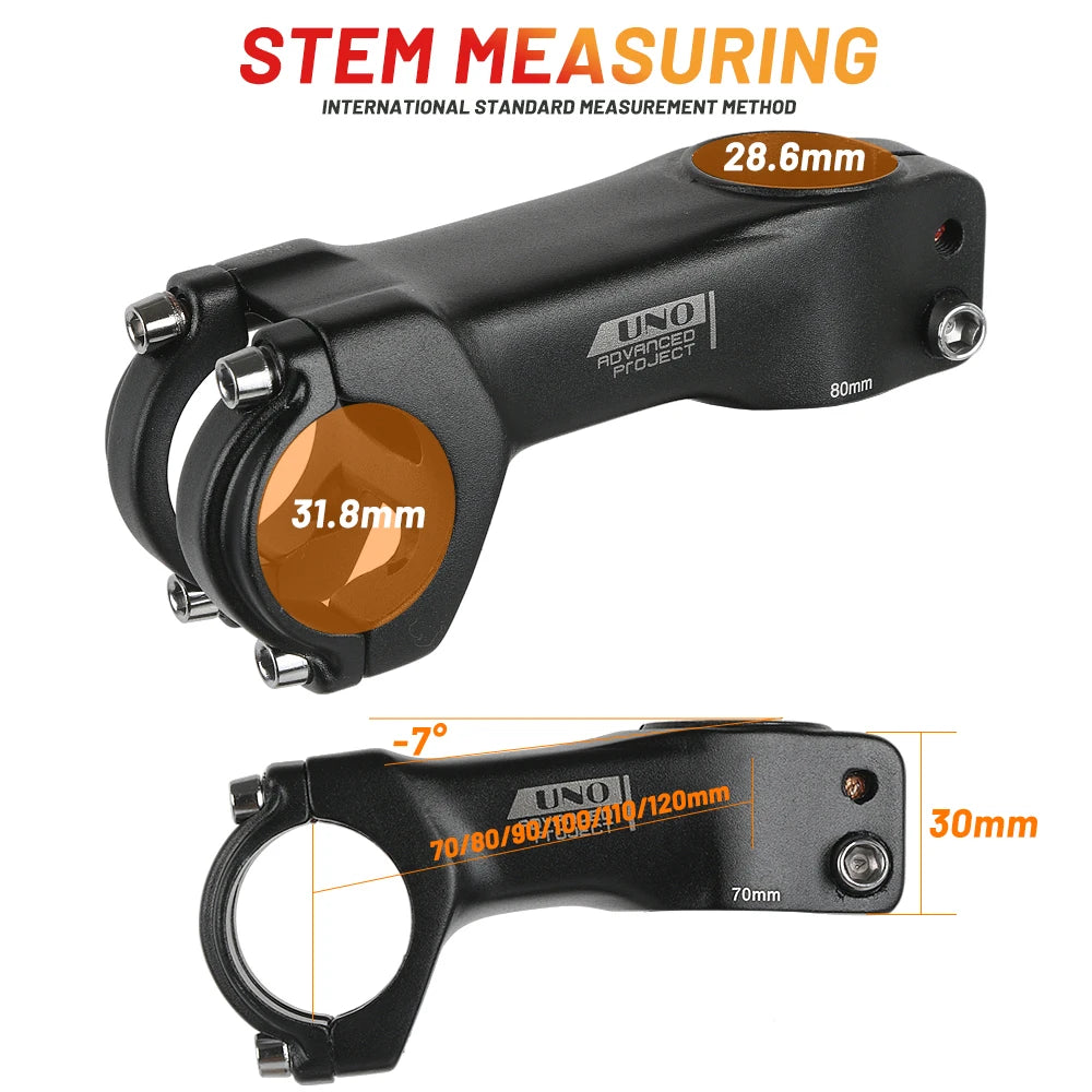 UNO Bike Stem Ultralight Road Bike Stem Fork-7 Degree 28.6mm 31.8mm 70/80/90/100/110/120mm Mountain MTB Bicycle Kalloy