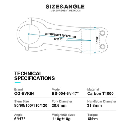 OG-EVKIN BS-004 T1000 Carbon MTB Bicycle Stem 6/17 Degree 31.8MM Carbon Road Bike Stem Positive and Negative Cycling Power Parts