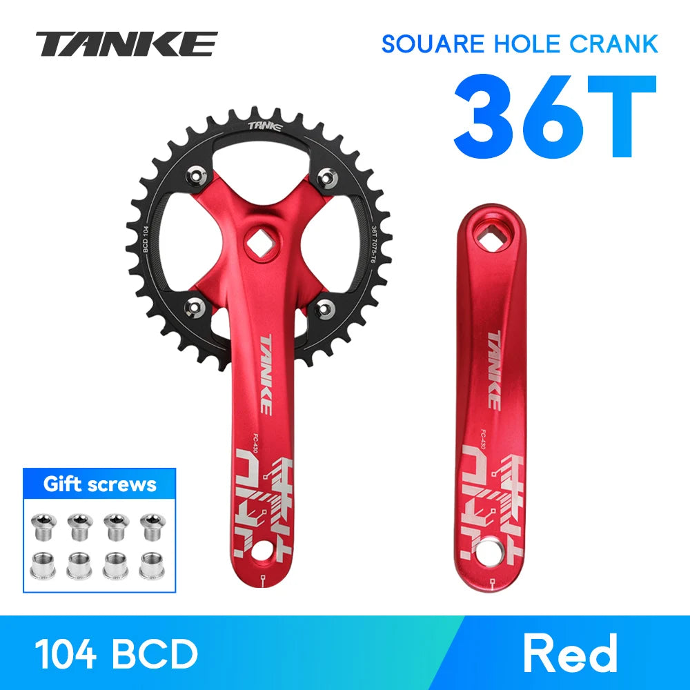 TANKE Bicycle Crank Square Hole Sprocket 104BCD 170mm Red Black Crank Round 32/34/36/38/40/42/44T Narrow Chainrings MTB Crankset