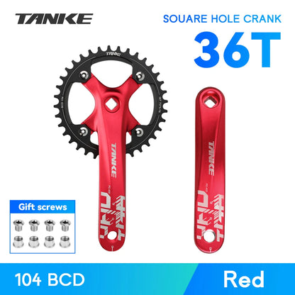 TANKE Bicycle Crank Square Hole Sprocket 104BCD 170mm Red Black Crank Round 32/34/36/38/40/42/44T Narrow Chainrings MTB Crankset