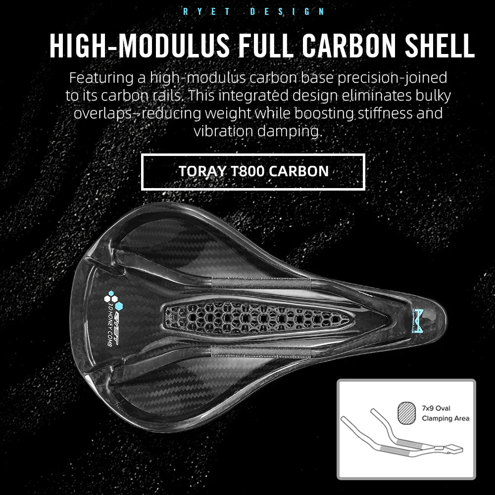 RYET Full Carbon 3D Printed Saddle 145/155mm 160-227g Oval 7x9mm Rails Superflow Cut-Out Ultralight Road MTB Gravel Triathlon XC