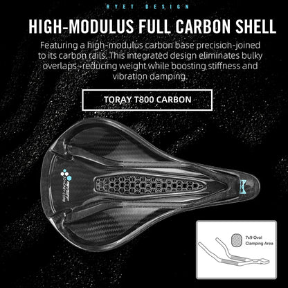 RYET Full Carbon 3D Printed Saddle 145/155mm 160-227g Oval 7x9mm Rails Superflow Cut-Out Ultralight Road MTB Gravel Triathlon XC