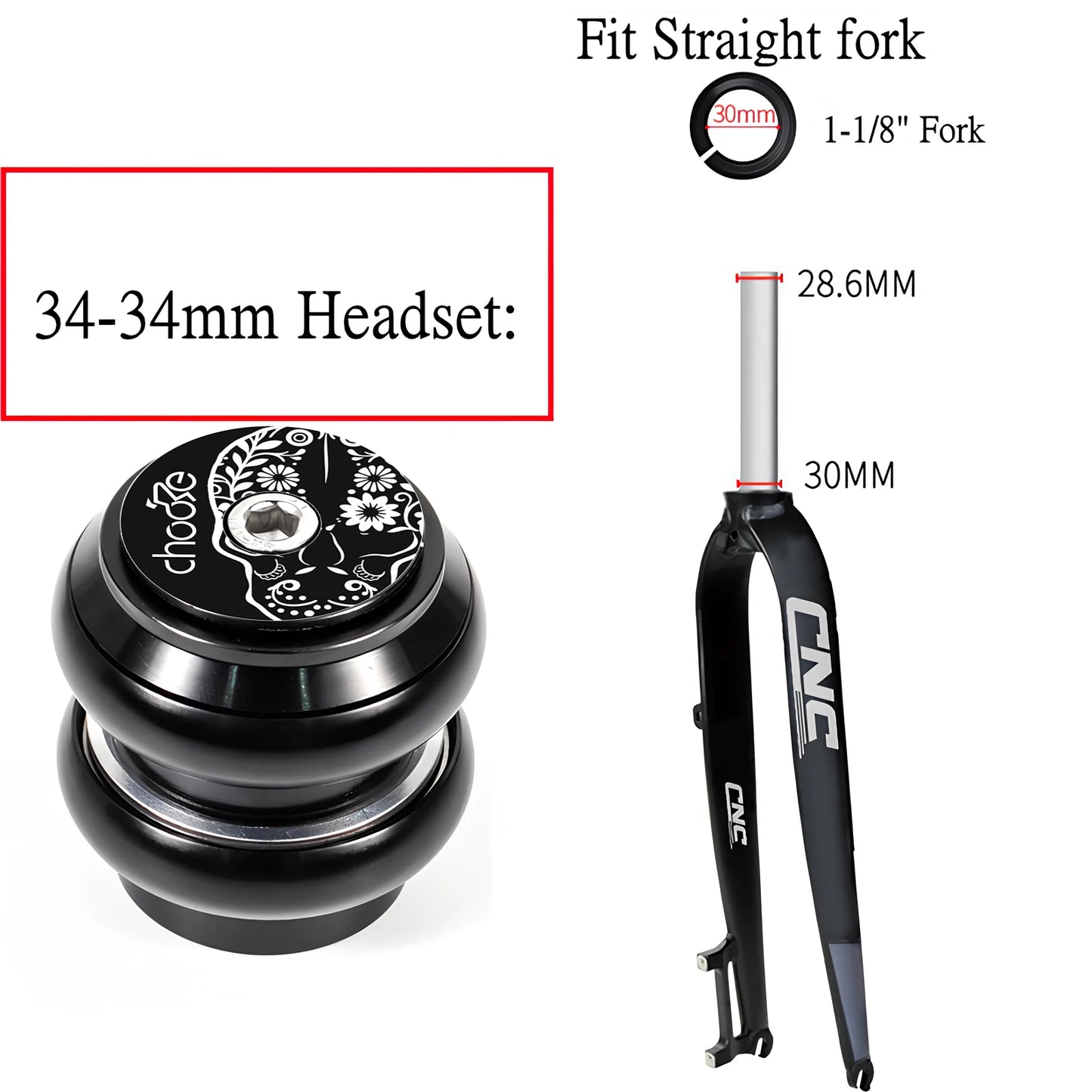 Chooee 1-1/8" Threadless Bicycle Headset - 28.6*34*30mm for MTB Road BMX Folding Bike Straight Fork Steering Column