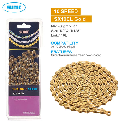 SUMC Bicycle Chain 9 10 11 12 Speed 9s 10s 11s 12s Titanium Ultralight MTB Mountain Road Bike Chains Gold Rainbow Bike Chain