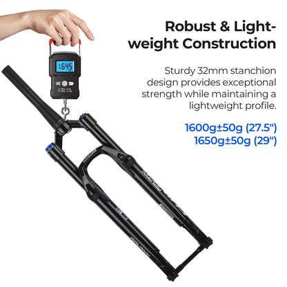 BOLANY MTB Air Fork 26/27.5/29 Inch Tapered Suspension Fork Rebound Adjustable 15x110mm Boost MTB Air Fork Thru Axle Disc Brake