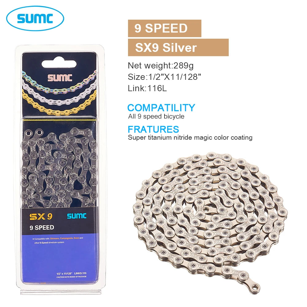 SUMC Bicycle Chain 9 10 11 12 Speed 9s 10s 11s 12s Titanium Ultralight MTB Mountain Road Bike Chains Gold Rainbow Bike Chain