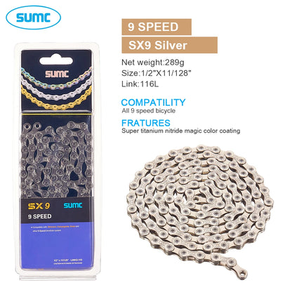 SUMC Bicycle Chain 9 10 11 12 Speed 9s 10s 11s 12s Titanium Ultralight MTB Mountain Road Bike Chains Gold Rainbow Bike Chain
