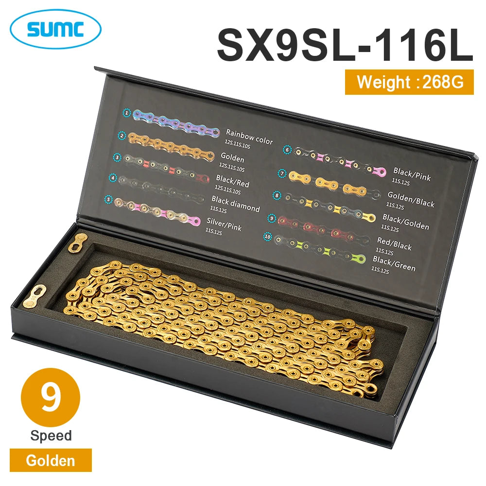 SUMC Bicycle Chain 9 10 11 12 Speed 9s 10s 11s 12s Titanium Ultralight MTB Mountain Road Bike Chains Gold Rainbow Bike Chain