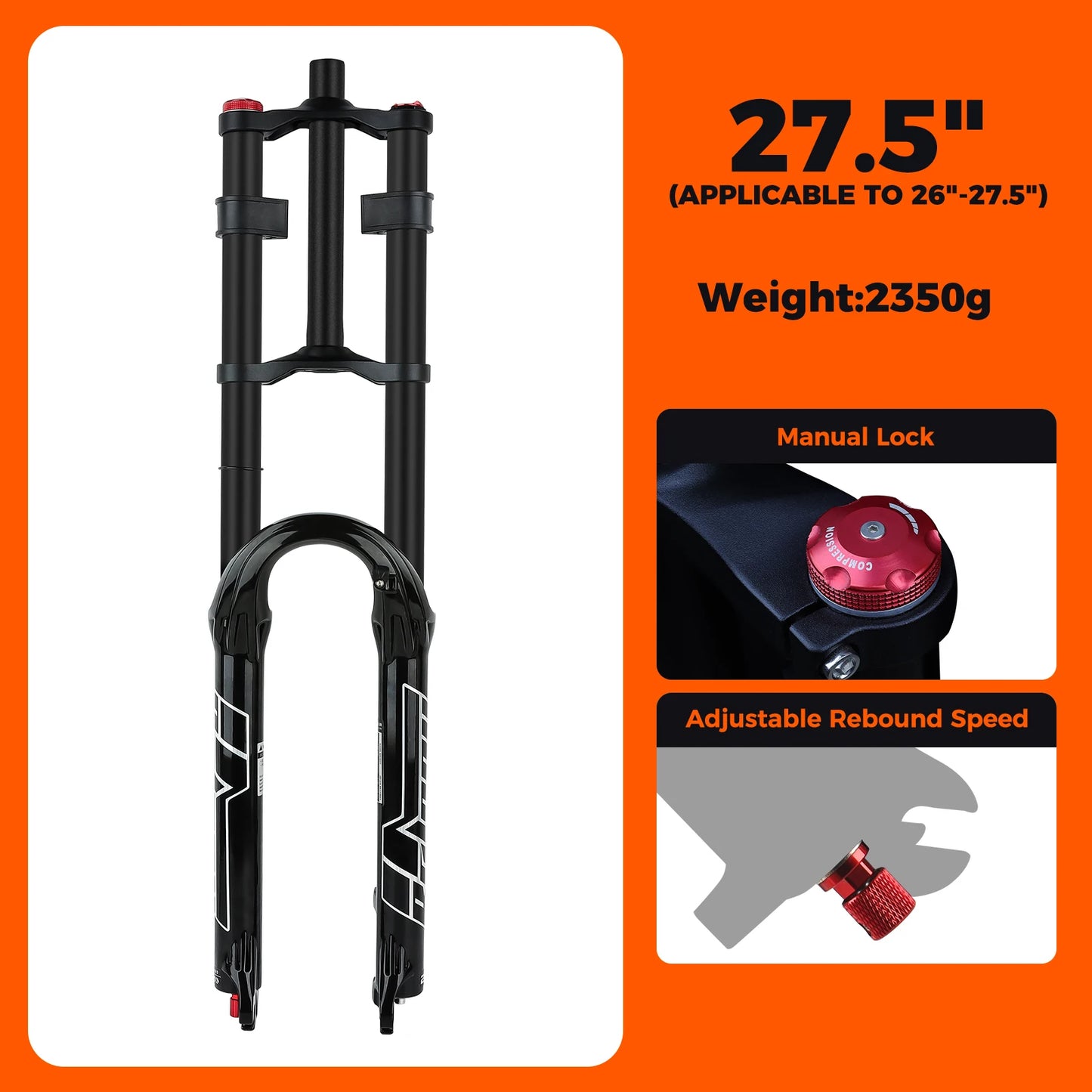 BOLANY Double Crown Bicycle Air Fork 27.5 29 inch MTB Air Suspension 9x100mm Quick Release Axle Sponge Lubrication Bike Fork
