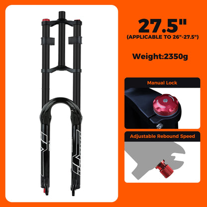BOLANY Double Crown Bicycle Air Fork 27.5 29 inch MTB Air Suspension 9x100mm Quick Release Axle Sponge Lubrication Bike Fork