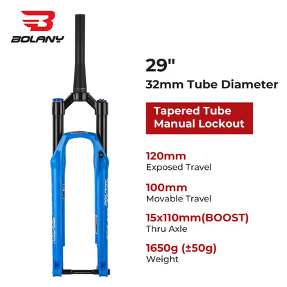 BOLANY MTB Air Fork 27.5 29Inch Air Oil Suspension Boost 15x110 Thru Axle Lightweight Bike Fork R29 Damping Rebound Adjustable
