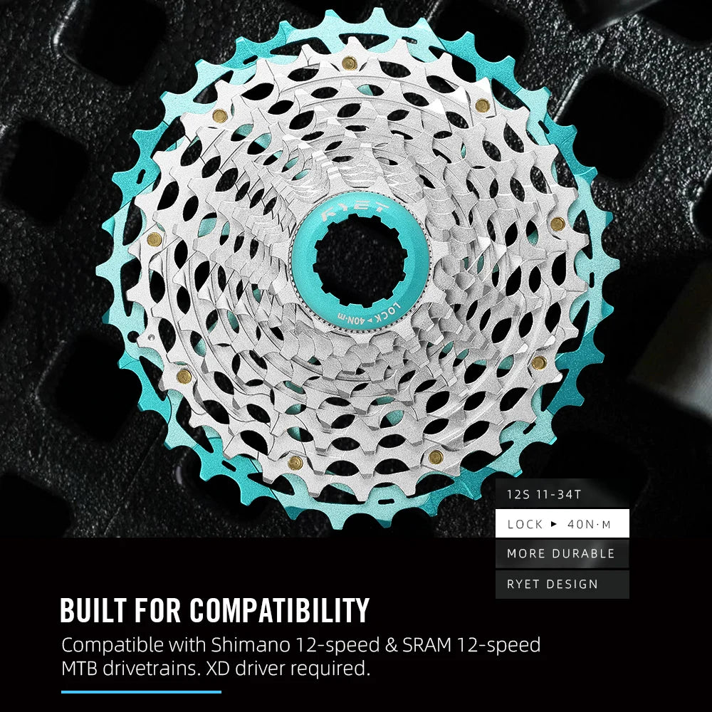 RYET 11-34T 12S CNC Alu/Steel Cassette 230g Ultralight HG for Shimano Road Gravel K7 12-Speed Bike