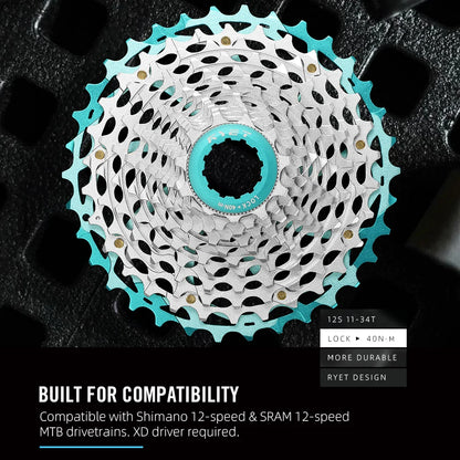 RYET 11-34T 12S CNC Alu/Steel Cassette 230g Ultralight HG for Shimano Road Gravel K7 12-Speed Bike