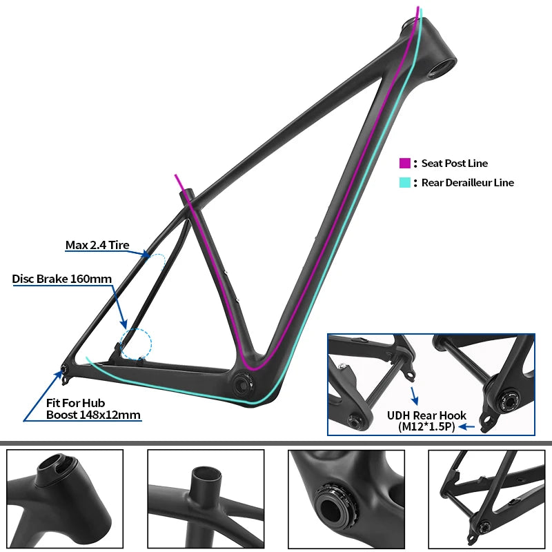 BXT T1000 Carbon MTB Bike Frame 29er UDH Hanger 12x148mm Boost Full Internal Routing BSA T47 Hardtail Mountain Frame Hot Sale