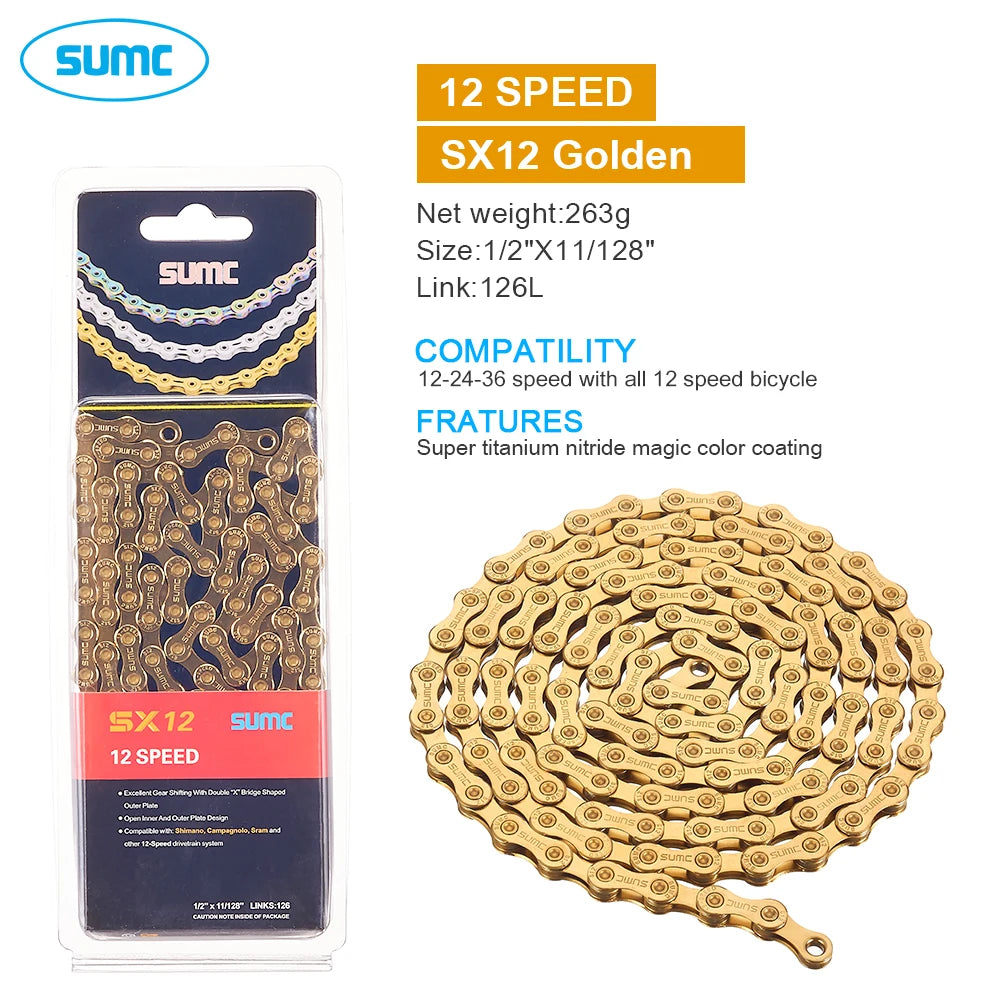 SUMC Bicycle Chain 9 10 11 12 Speed 9s 10s 11s 12s Titanium Ultralight MTB Mountain Road Bike Chains Gold Rainbow Bike Chain