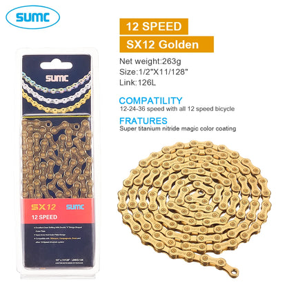 SUMC Bicycle Chain 9 10 11 12 Speed 9s 10s 11s 12s Titanium Ultralight MTB Mountain Road Bike Chains Gold Rainbow Bike Chain