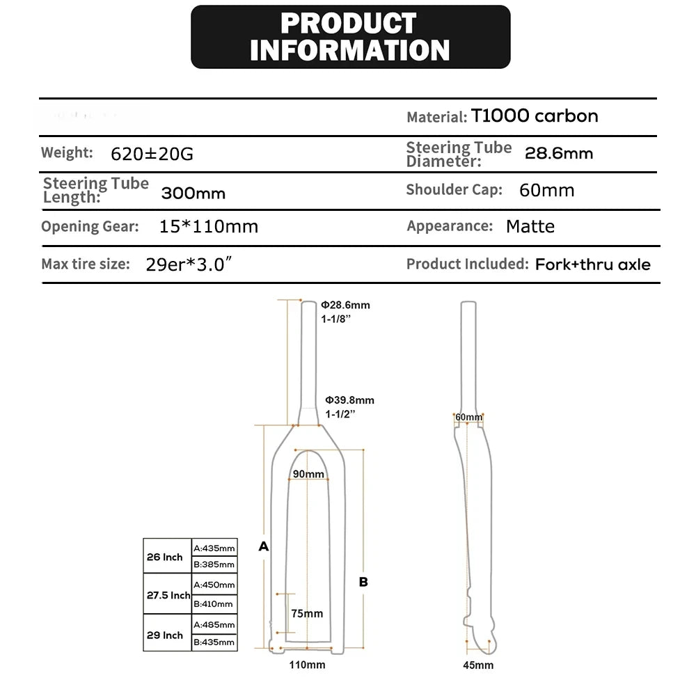 Full Carbon MTB Fork for XC & Gravel | 15*110mm Boost Thru-Axle | Fits 26/27.5/29" | Disc Brake |  Straight/ Tapered Steere