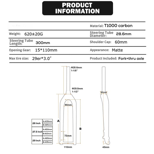 Full Carbon MTB Fork for XC & Gravel | 15*110mm Boost Thru-Axle | Fits 26/27.5/29" | Disc Brake |  Straight/ Tapered Steere
