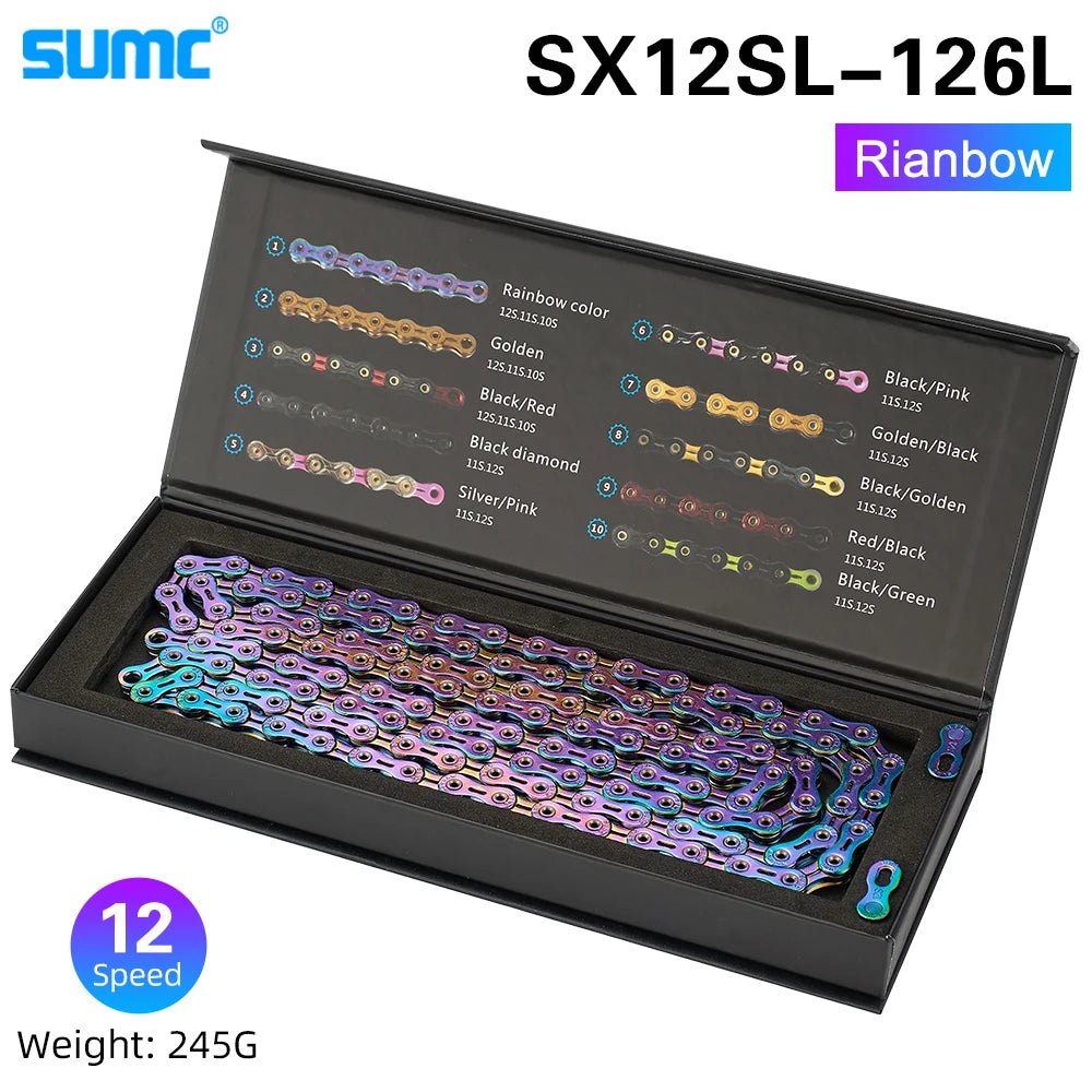 Bicycle Chain SUMC 12Speed Diamond Color Bike Chain MTB Mountain Road Bike UltraLight and Durable 12S Missing Link Chain 12V