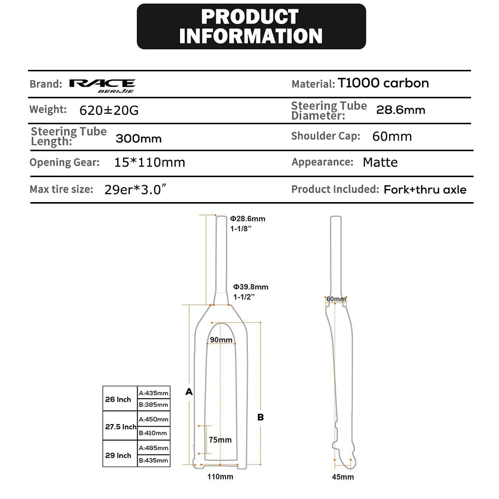MTB Thru Axle 15*110mm Boost Fork,Full Carbon Bike Straight Or Tapared Rigid Bicycle Front Fork,26"/27.5"/29" ,Disc Brake