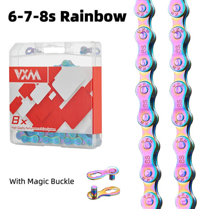 VXM Bicycle Chain Multi-Colored Rainbow 6/7/8/9/10/11 Speed Magic Buckle Road Bike and MTB 116L