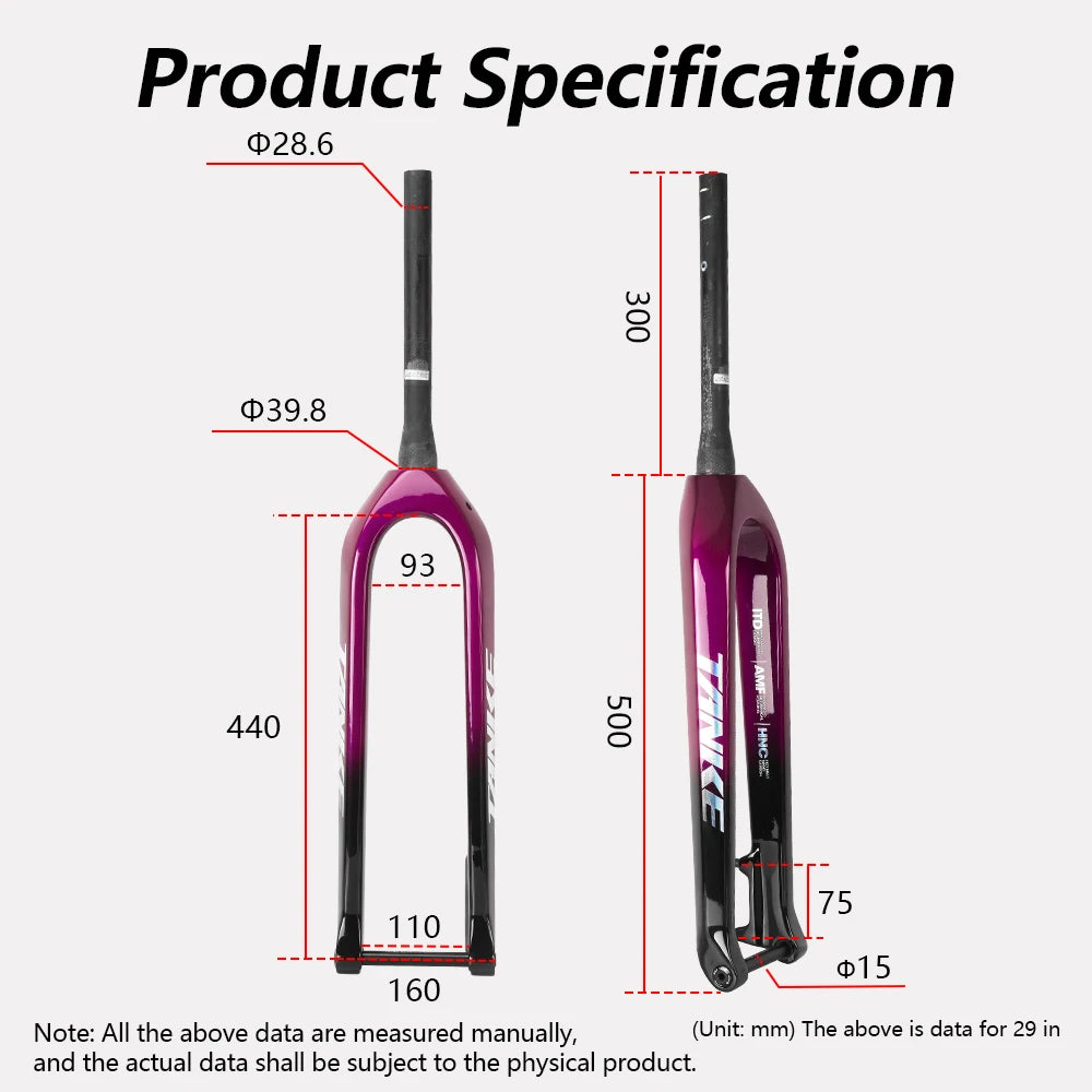 TANKE MTB Hard Fork Bicycle Suspension carbon fiber 26/27.5/29inch Universal Mountain Bike Fork Straight Cone 28.6mm Boost T800