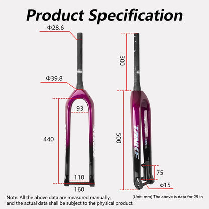 TANKE MTB Hard Fork Bicycle Suspension carbon fiber 26/27.5/29inch Universal Mountain Bike Fork Straight Cone 28.6mm Boost T800