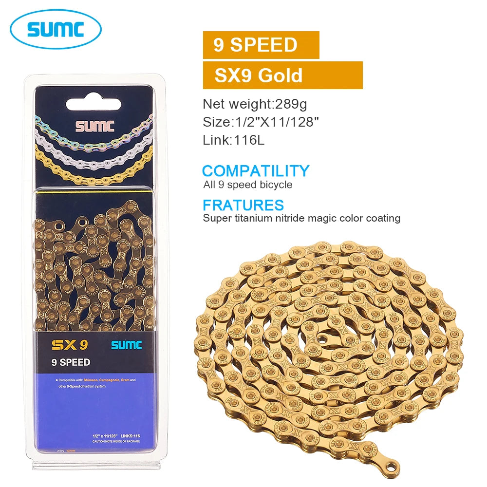 SUMC Bicycle Chain 9 10 11 12 Speed 9s 10s 11s 12s Titanium Ultralight MTB Mountain Road Bike Chains Gold Rainbow Bike Chain