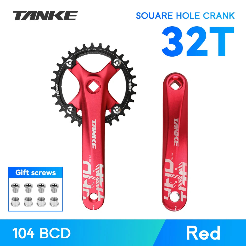 TANKE Bicycle Crank Square Hole Sprocket 104BCD 170mm Red Black Crank Round 32/34/36/38/40/42/44T Narrow Chainrings MTB Crankset