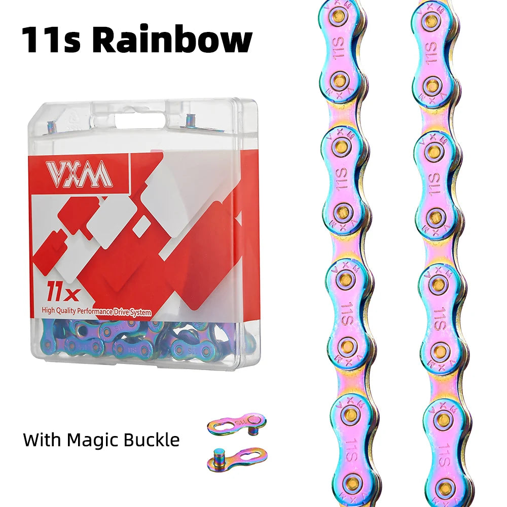 VXM Bicycle Chain Multi-Colored Rainbow 6/7/8/9/10/11 Speed Magic Buckle Road Bike and MTB 116L
