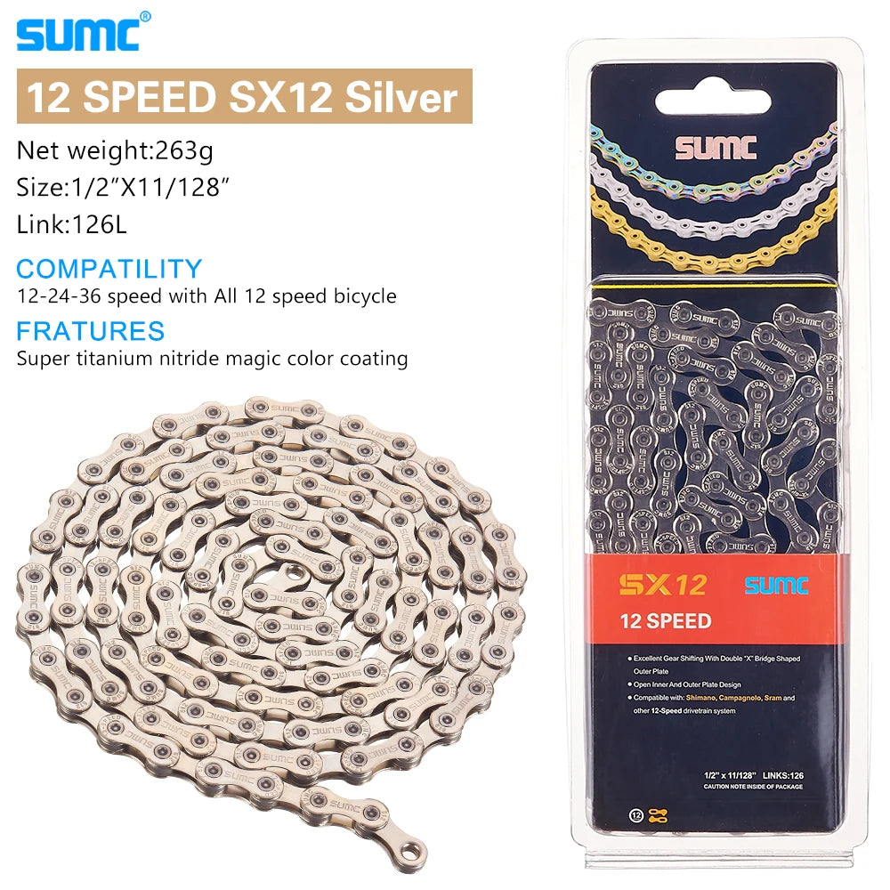 Bicycle Chain SUMC 12Speed Diamond Color Bike Chain MTB Mountain Road Bike UltraLight and Durable 12S Missing Link Chain 12V