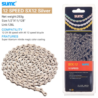 Bicycle Chain SUMC 12Speed Diamond Color Bike Chain MTB Mountain Road Bike UltraLight and Durable 12S Missing Link Chain 12V