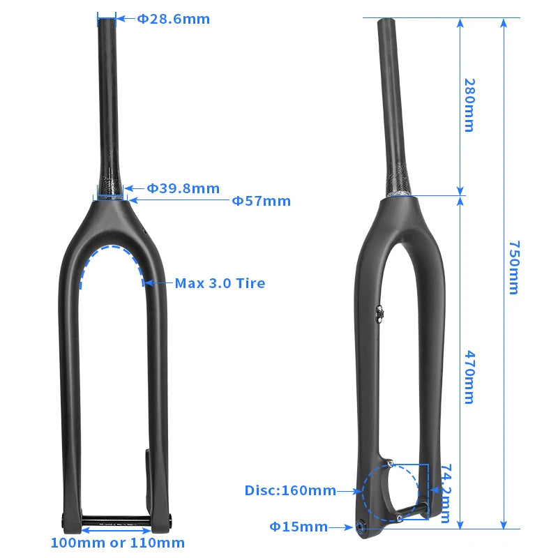 BXT Full Carbon Mountain Bike Fork, Thru Axle, MTB Bicycle, Inside Outside Cable Line, 110x15mm, 100x15mm