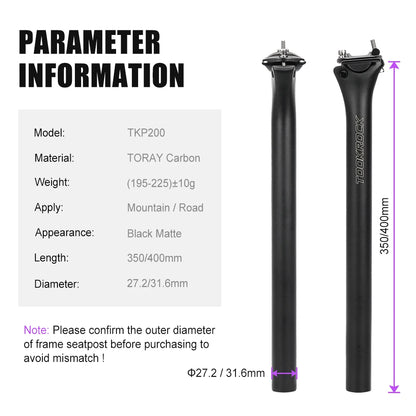 TOSEEK Carbon Seatpost 27.2 31.6mm Length 400mm Matte Black MTB Road Bike Seat Post Seat Tube Bicycle Parts MTB Carbon Canoe