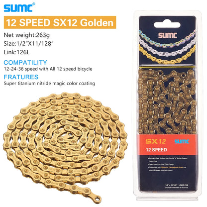 Bicycle Chain SUMC 12Speed Diamond Color Bike Chain MTB Mountain Road Bike UltraLight and Durable 12S Missing Link Chain 12V