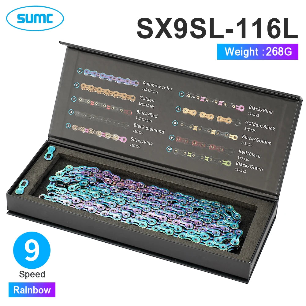 SUMC Bicycle Chain 9 10 11 12 Speed 9s 10s 11s 12s Titanium Ultralight MTB Mountain Road Bike Chains Gold Rainbow Bike Chain
