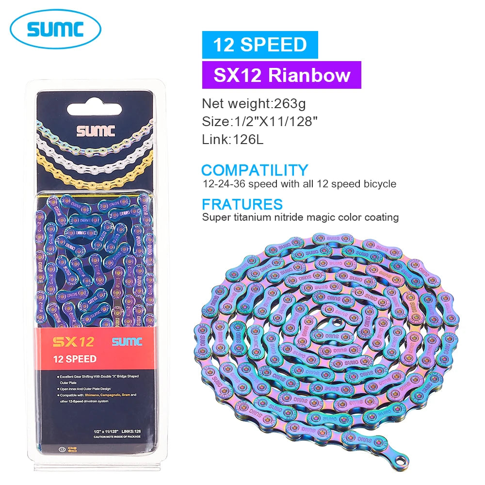 SUMC Bicycle Chain 9 10 11 12 Speed 9s 10s 11s 12s Titanium Ultralight MTB Mountain Road Bike Chains Gold Rainbow Bike Chain