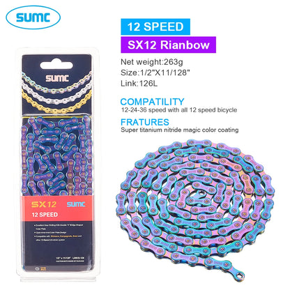 SUMC Bicycle Chain 9 10 11 12 Speed 9s 10s 11s 12s Titanium Ultralight MTB Mountain Road Bike Chains Gold Rainbow Bike Chain