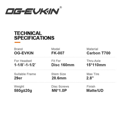 OG-EVKIN FK-007 29er 15x110mm Thru Axle Black Carbon Mountain Bicycle Fork 1-1/8-1-1/2" MTB Forks Bike Parts Bicycle accessories