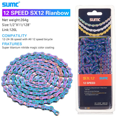 Bicycle Chain SUMC 12Speed Diamond Color Bike Chain MTB Mountain Road Bike UltraLight and Durable 12S Missing Link Chain 12V