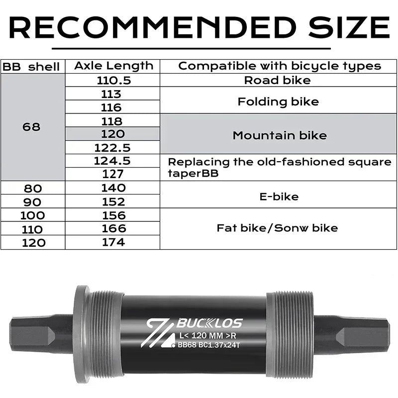 BUCKLOS Bike Bottom Bracket Square Hole Road Mountain Bike E-Bike Crank BB BB68 BB80 BB90 BB100 BB110 BB120 MTB Crankset Parts
